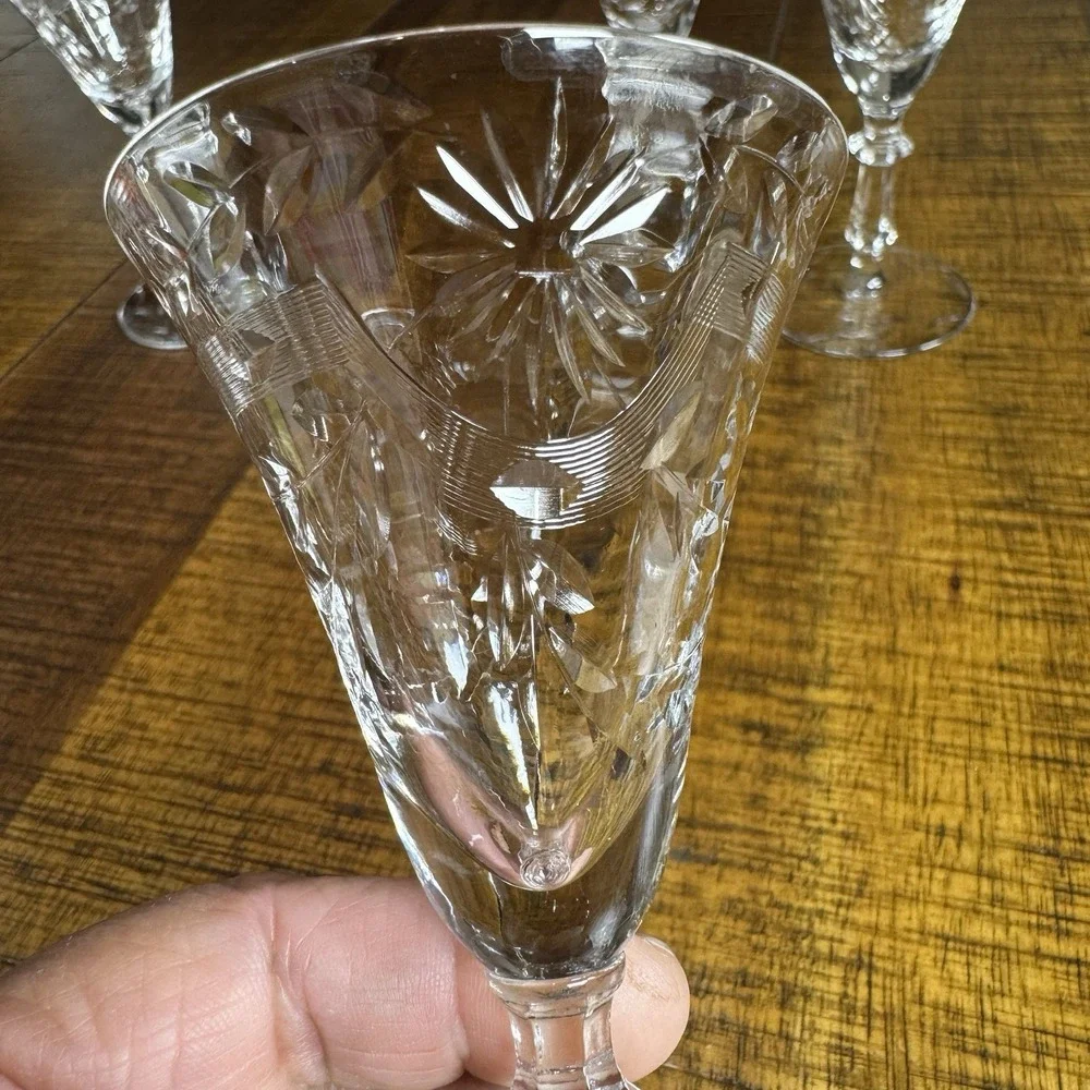 Antique American Brilliant Cut Starburst Crystal Cordial Glasses MINT Set of 7